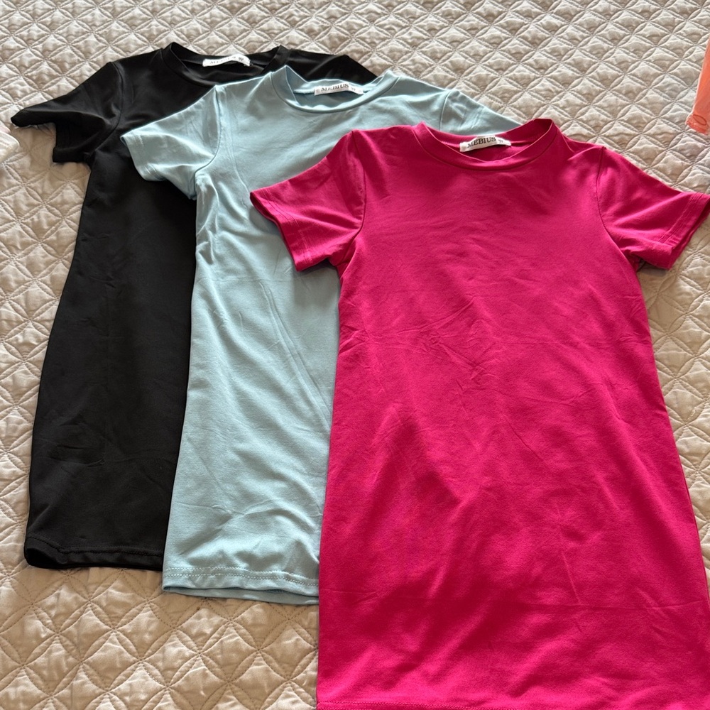 3-Pack kids Classic Crewneck Tee Dresses - Black, Light Blue, Fuchsia